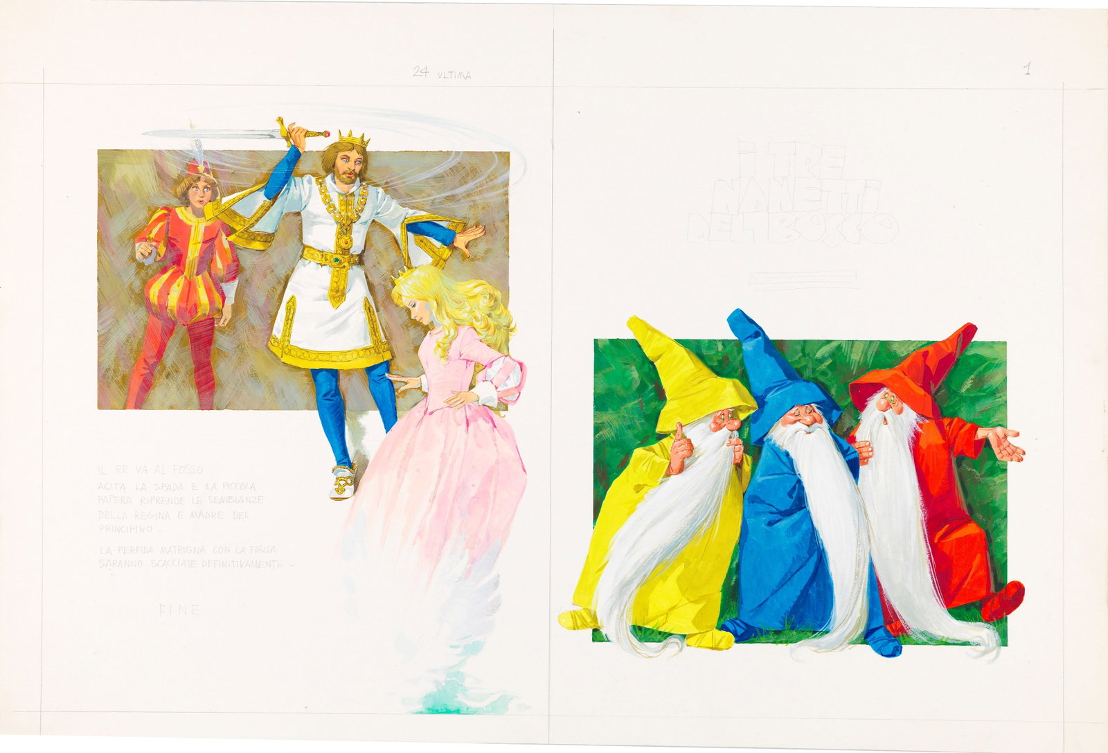 Libico Maraja - The three woodland gnomes, 1968: tempera on cardboard 51 x 33,5 cm Original illustration made by Maraja for the fairy tale "The Three Dwarves of the Woods" published in 1968.