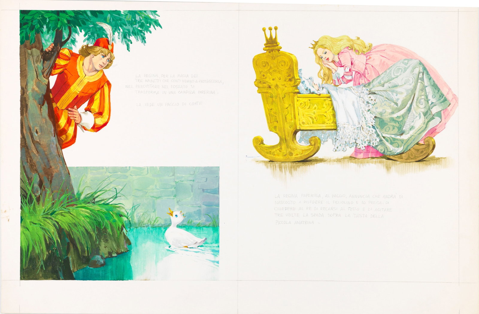 Libico Maraja - The three woodland gnomes, 1968: tempera on cardboard 51 x 33,5 cm Original illustration made by Maraja for the fairy tale "The Three Dwarves of the Woods" published in 1968.