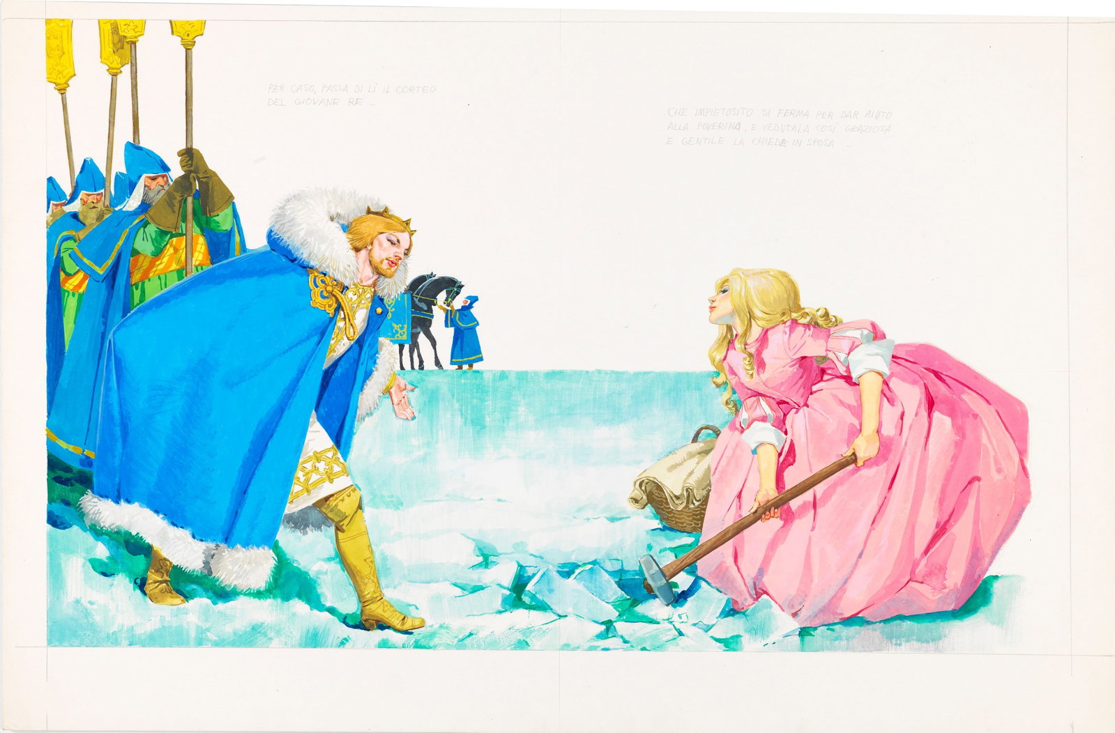Libico Maraja - The three woodland gnomes, 1968: tempera on cardboard 51 x 33,5 cm Original illustration made by Maraja for the fairy tale "The Three Dwarves of the Woods" published in 1968.