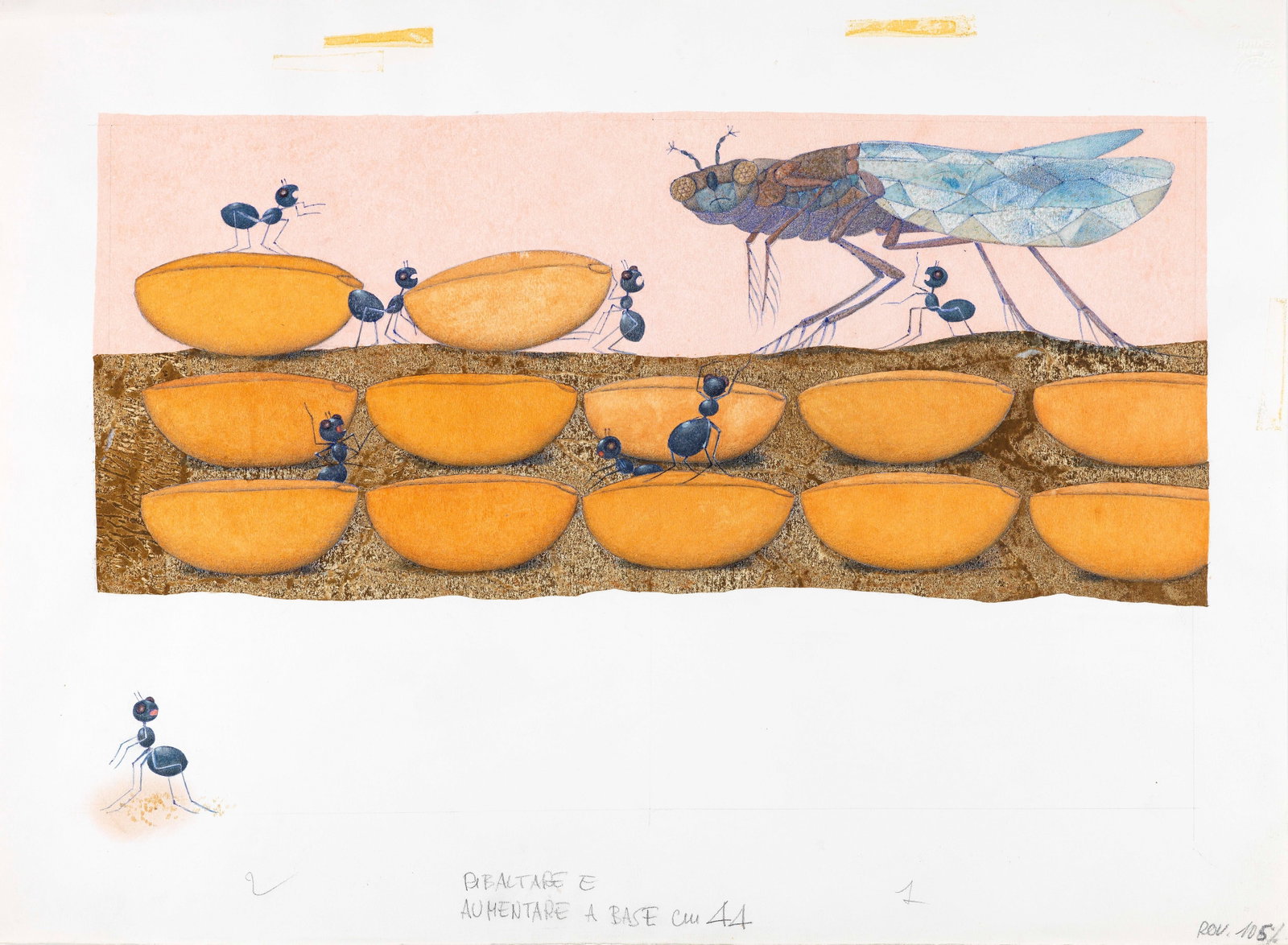 Ugo Fontana - Aesop's Fables - The Ant and the Grasshopper, 1983: pastels, tempera and watercolor on thin cardboard 50 x 36,5 cm Original illustration made by Fontana for a collection of "Aesop's Fables" published in 1983.