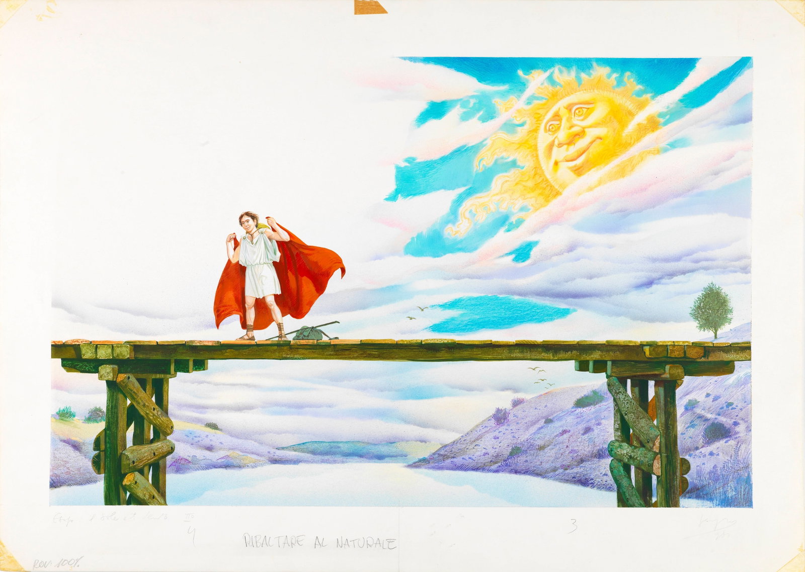 Sergio (Romano Rizzato) - Aesop's Fables - The Wind and the Sun, 1983: tempera and watercolor on thin cardboard 51 x 36,5 cm Original illustration made by Sergio for a collection of "Aesop's Fables" published in 1983. Signed and dated.
