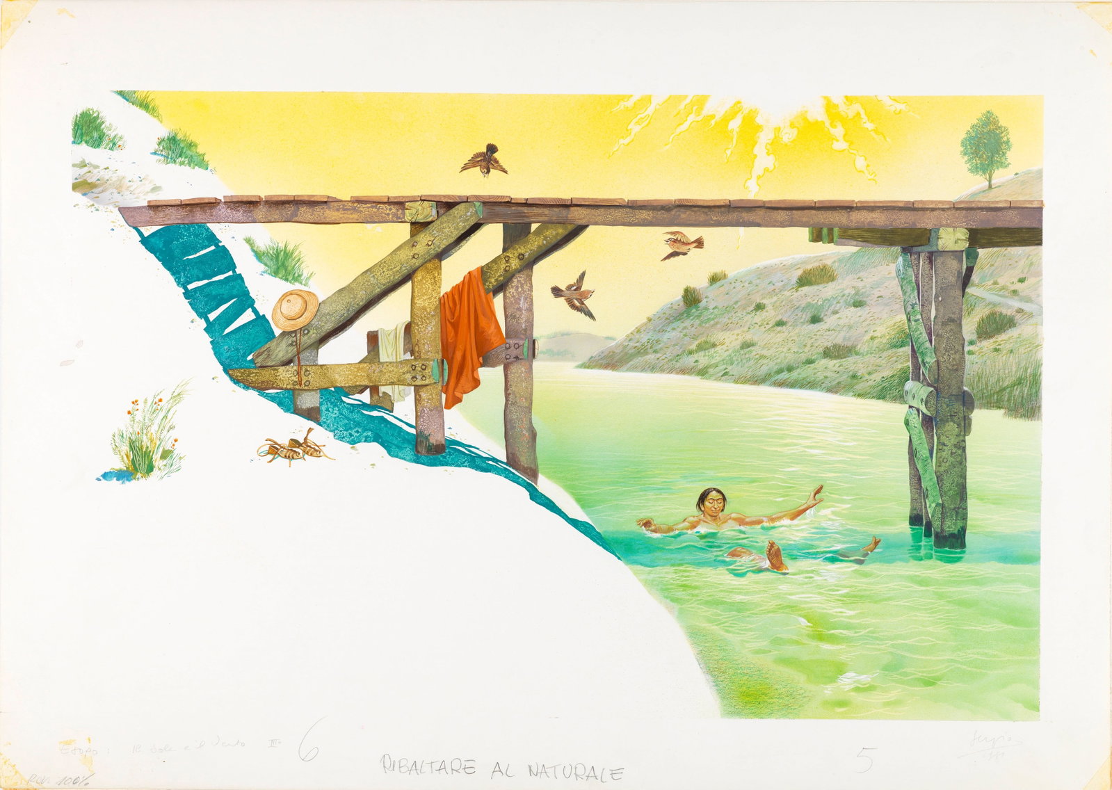 Sergio (Romano Rizzato) - Aesop's Fables - The Wind and the Sun, 1983: tempera and watercolor on thin cardboard 51 x 36,5 cm Original illustration made by Sergio for a collection of "Aesop's Fables" published in 1983. Signed and dated.