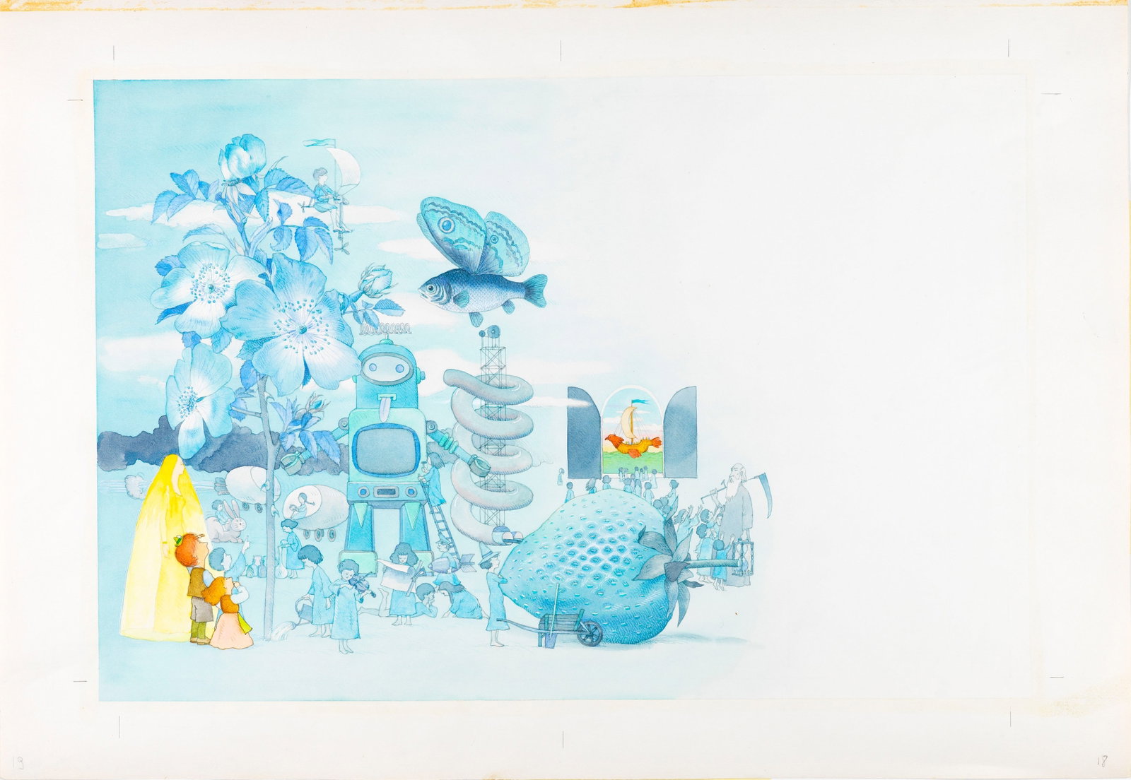 Claude Millet & Denise Millet - Little Blue Bird: pencil and watercolor on thin cardboard 56 x 39 cm Original illustration made by Claude and Denise Millet for the fairy tale "The Little Blue Bird" published in the 1980s.