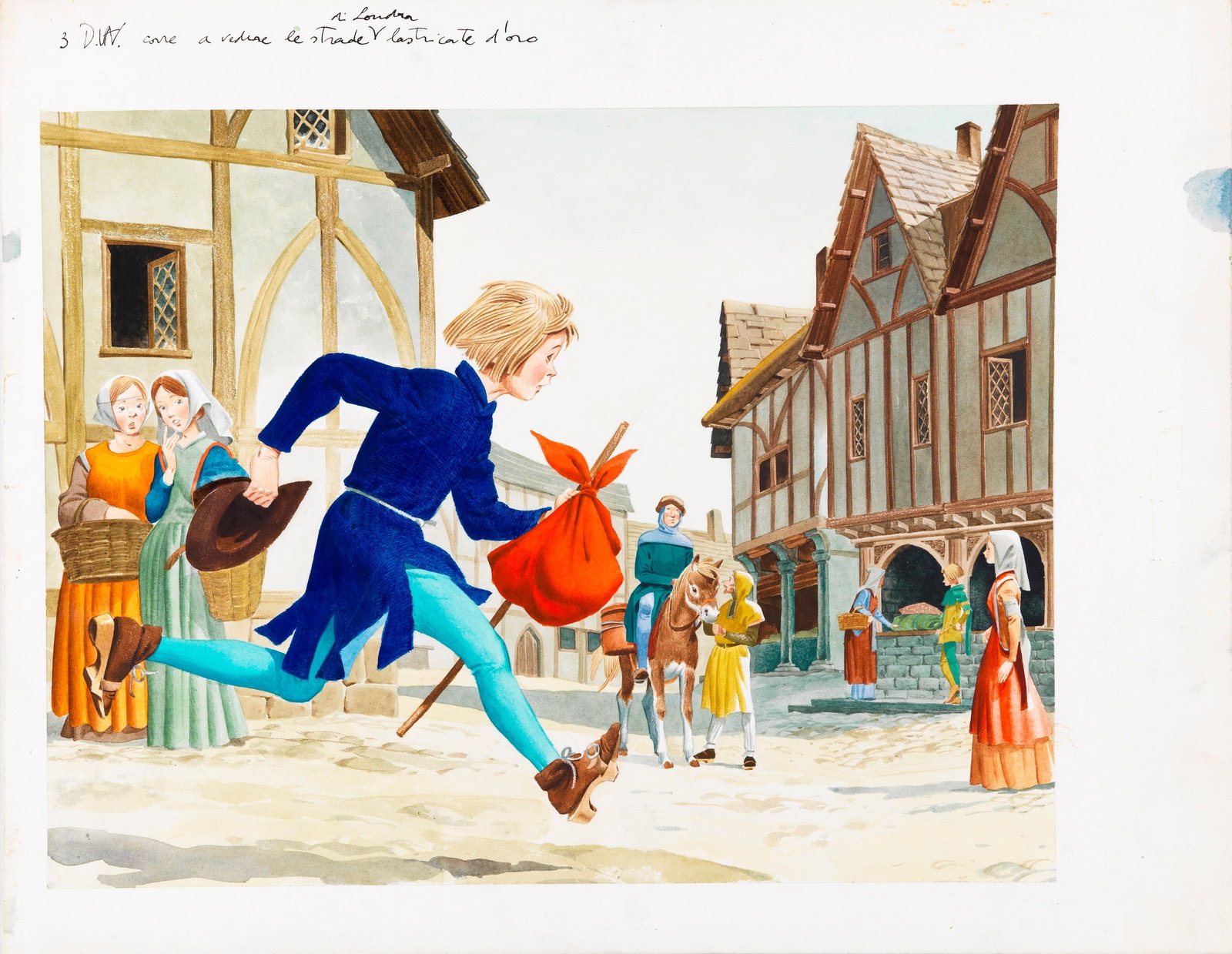 Tony Wolf (Antonio Lupatelli) - Dick Whittington, 1965: tempera on cardboard 32 x 25 cm Original illustration made by Lupatelli for the story "Dick Whittington" published in 1965.