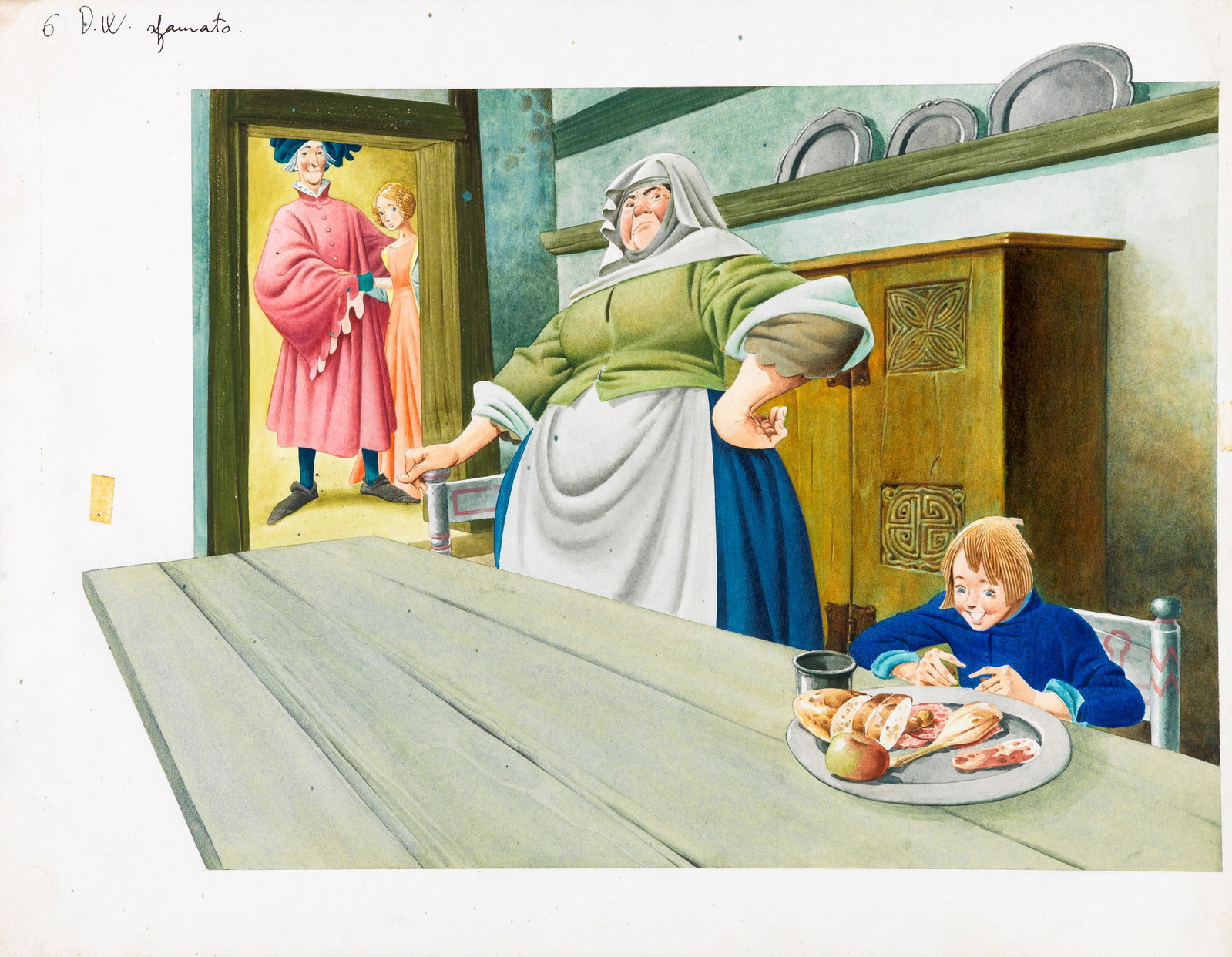 Tony Wolf (Antonio Lupatelli) - Dick Whittington, 1965: tempera on cardboard 32 x 25 cm Original illustration made by Lupatelli for the story "Dick Whittington" published in 1965.