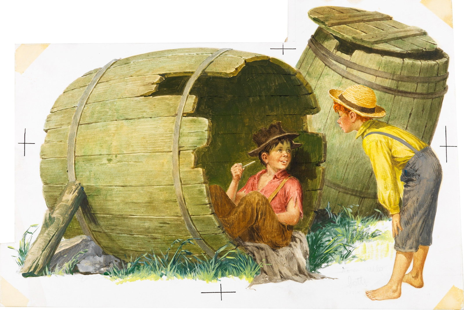 Sani (Sandro Nardini) - The Adventures of Tom Sawyer, 1965: tempera on shaped thin cardboard 33 x 22 cm Original illustration made by Nardini for the novel "The Adventures of Tom Sawyer" by Mark Twain, published in 1965.