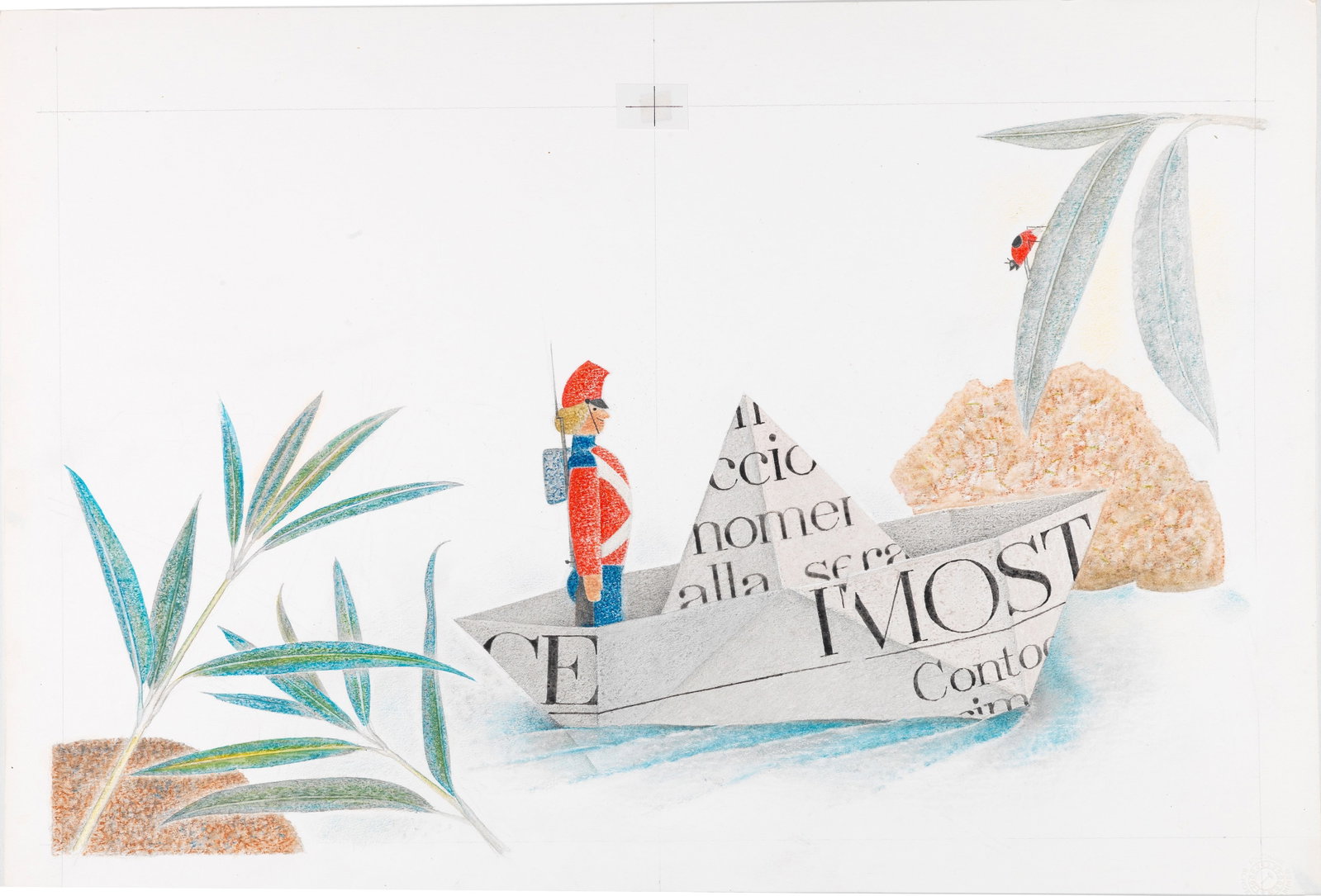 Ugo Fontana - The Tin Soldier, 1982: pastels, watercolor and tempera on cardboard 51 x 34,5 cm Original illustration made by Fontana for the fairy tale "The Lead Soldier" published in 1982.