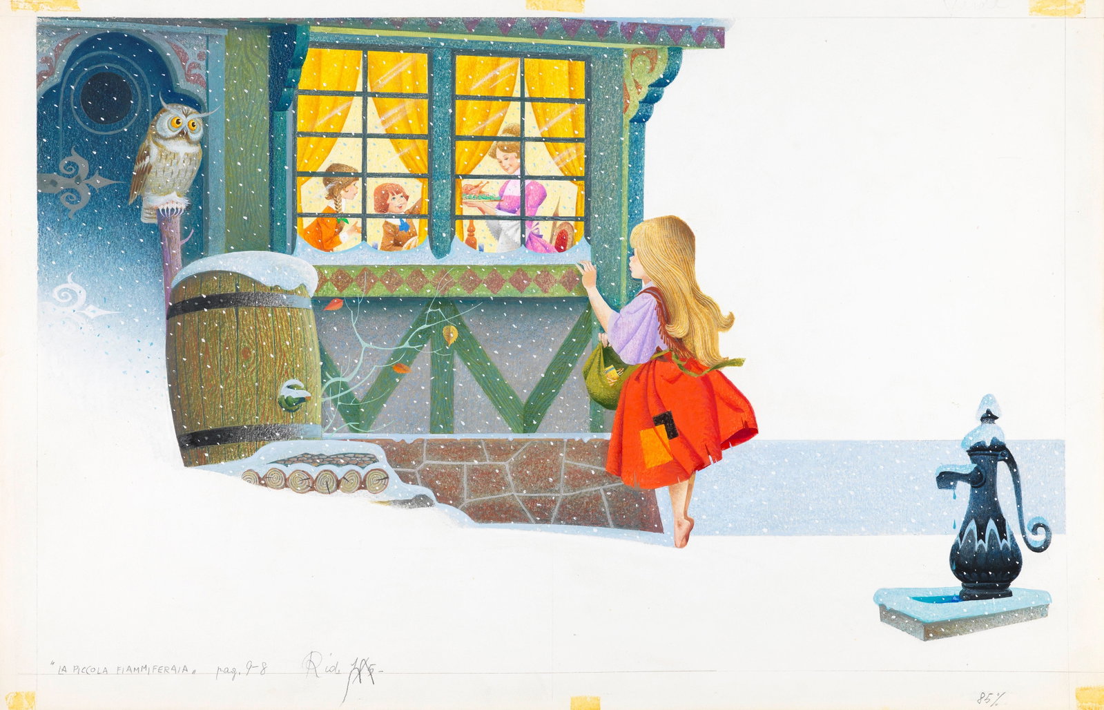 Severino Baraldi - The Little Match Girl: pencil, pastels and tempera on thin cardboard 56 x 36 cm Original illustration made by Baraldi for the fairy tale "The Little Match Girl," published in the 1980s.
