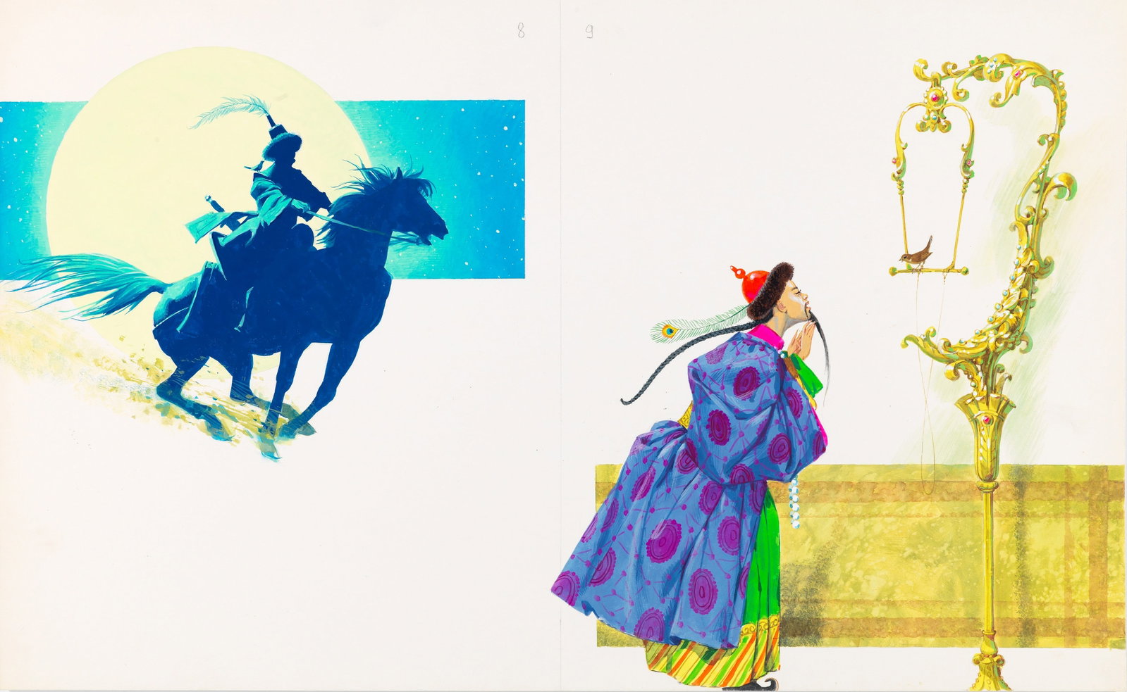 Libico Maraja - The Emperor's Nightingale: tempera on cardboard 47 x 29 cm Original illustration made by Maraja for the fairy tale "The Emperor's Nightingale" published in the 1970s.