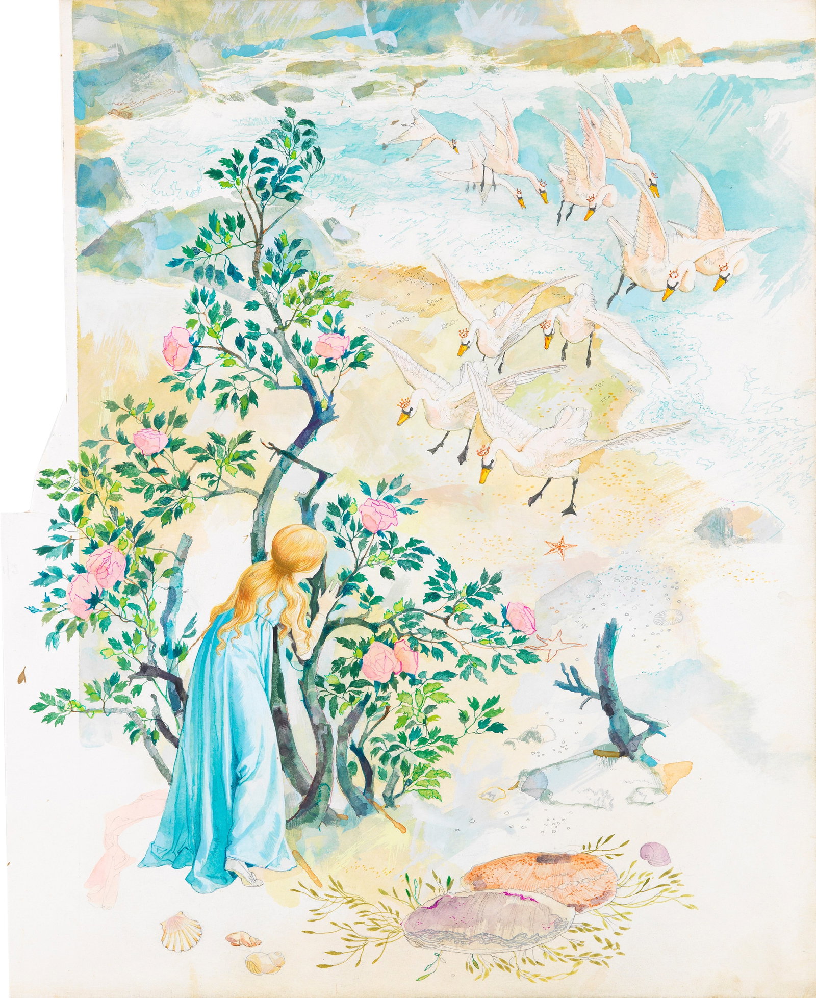 Sergio (Romano Rizzato) - The wild swans, 1966: tempera and watercolor on shaped cardboard 29,5 x 36,5 cm Original illustration made by Sergio for the fairy tale "The Wild Swans" published in 1966.
