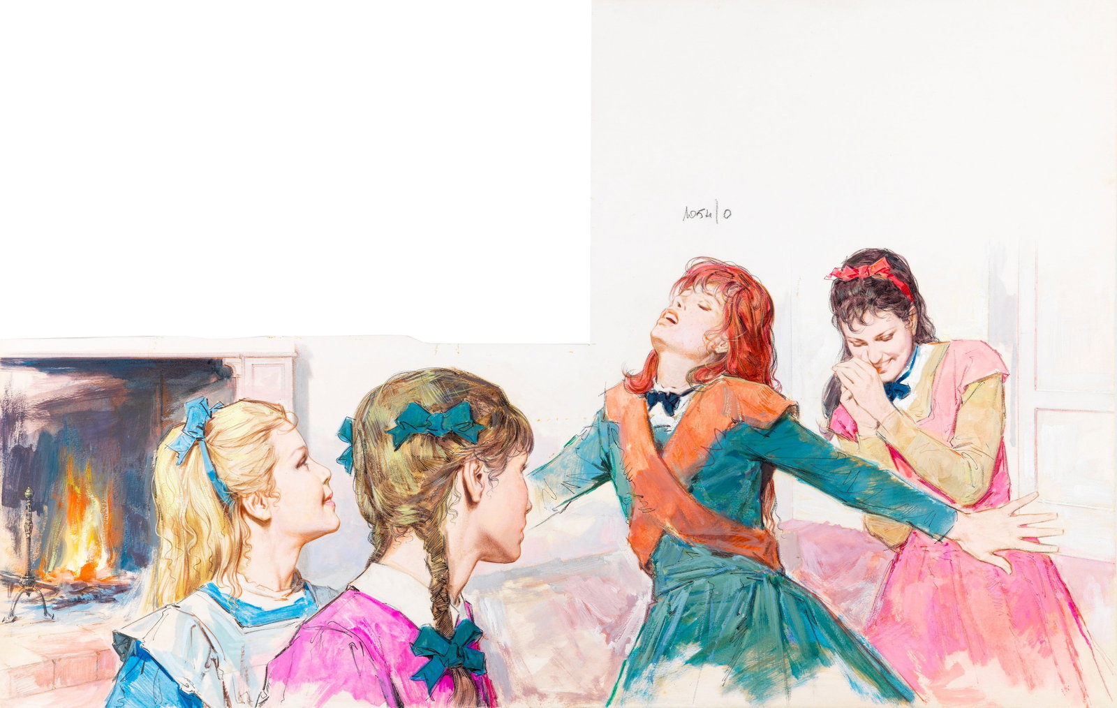 Giuseppe Bartoli - Little Women, 1965: tempera on shaped cardboard 50 x 32 cm Original illustration made by Bartoli for the novel "Little Women" by Louisa May Alcott, published in 1965.