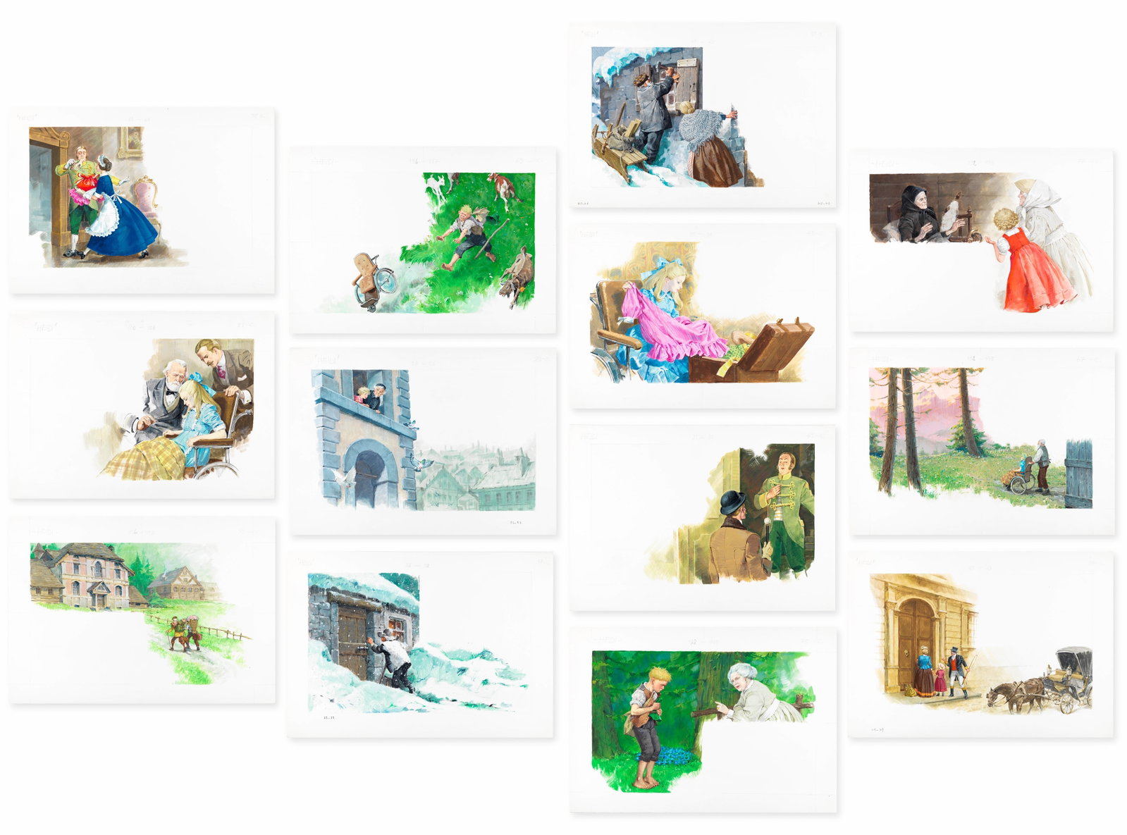 Libico Maraja - Heidi, 1985: tempera on thin cardboard 50 x 35 cm each Lot consisting of 13 original illustrations made by Maraja for the novel "Heidi" by Johanna Spyri published in 1985.