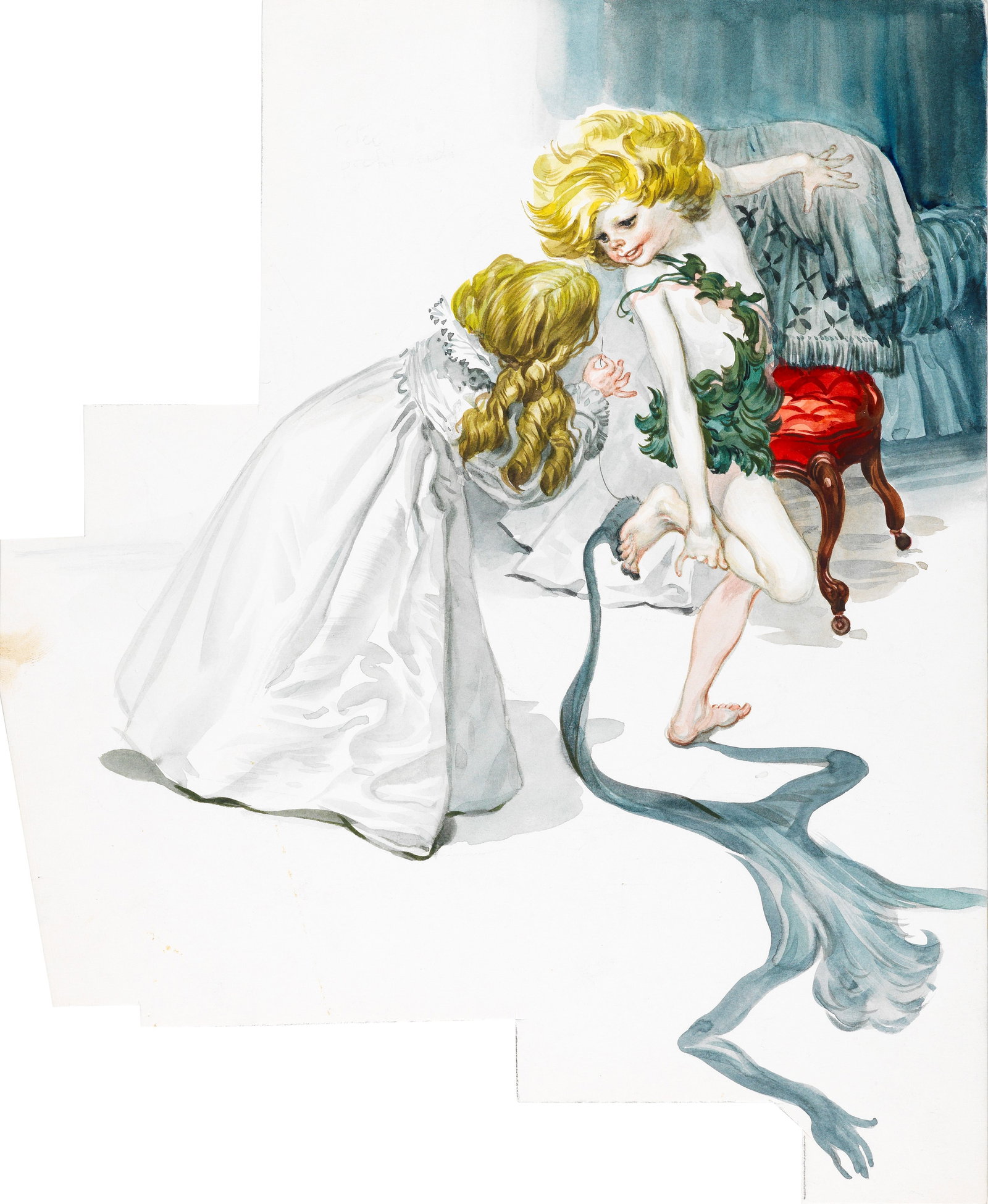 Ferri (Rino Ferrari) - Peter Pan, 1968: tempera on shaped cardboard 25,5 x 31 cm Original illustration made by Ferri for the fairy tale "Peter Pan" published in 1968.