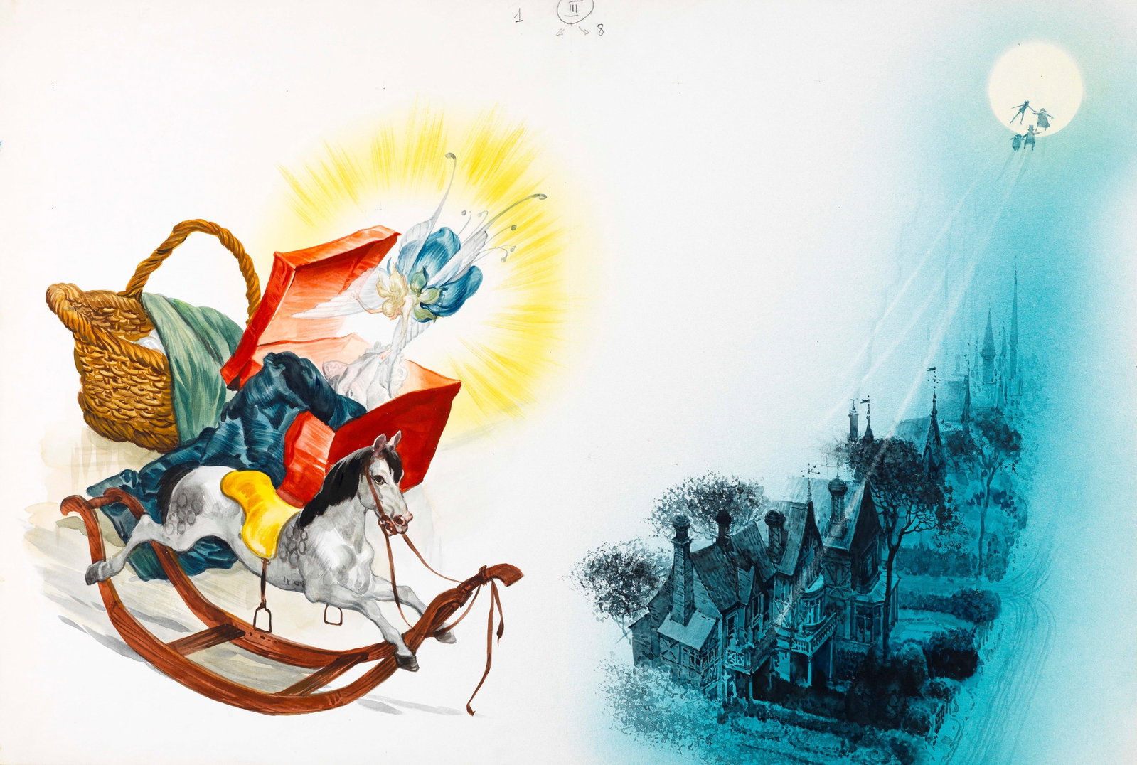 Ferri (Rino Ferrari) - Peter Pan, 1968: tempera on cardboard 54 x 36,5 cm Original illustration made by Ferri for the fairy tale "Peter Pan" published in 1968.