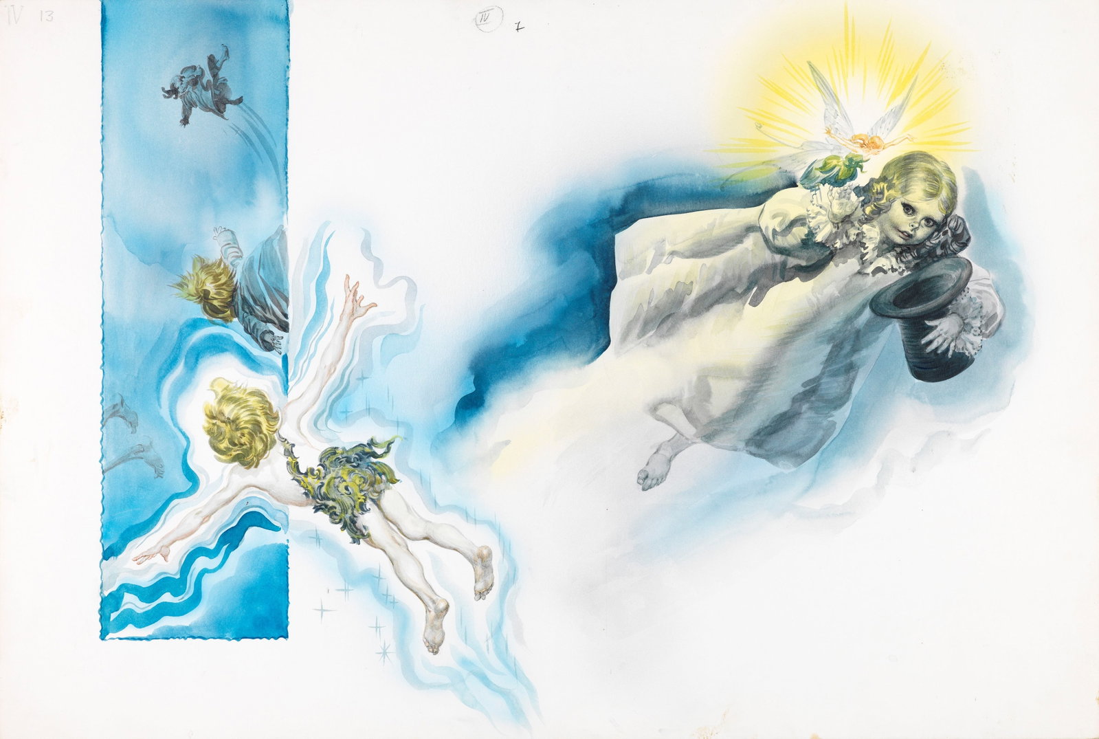 Ferri (Rino Ferrari) - Peter Pan, 1968: tempera on cardboard 54 x 36,5 cm Original illustration made by Ferri for the fairy tale "Peter Pan" published in 1968.