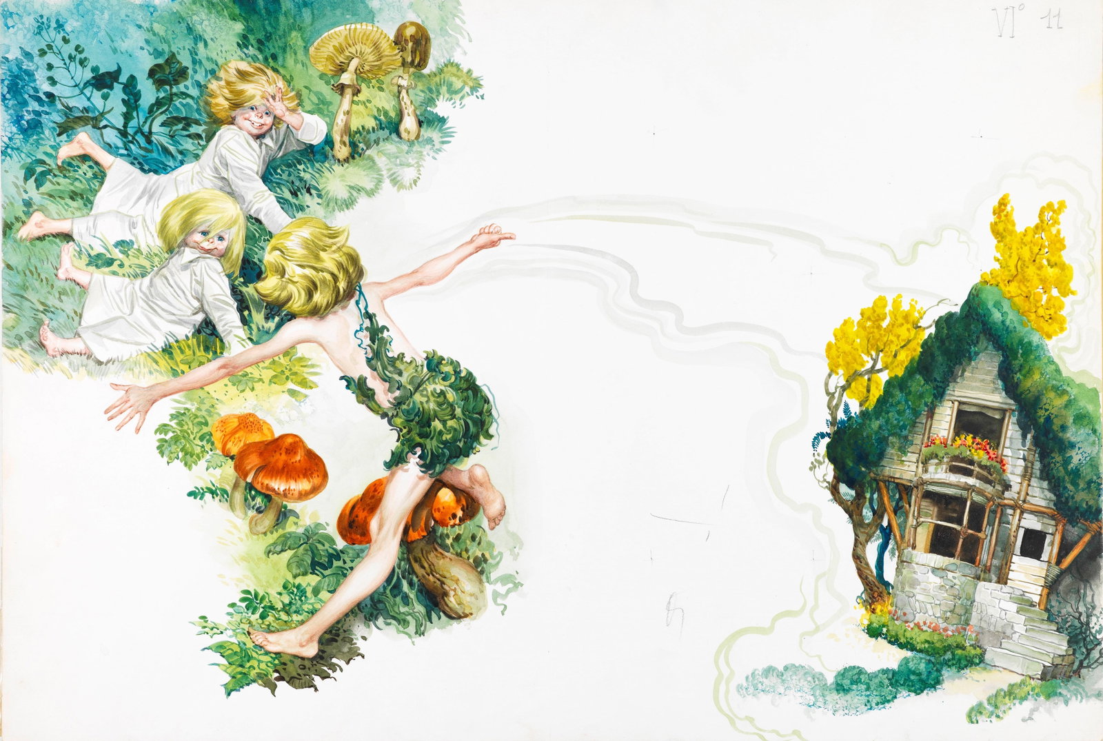 Ferri (Rino Ferrari) - Peter Pan, 1968: tempera on cardboard 54 x 36,5 cm Original illustration made by Ferri for the fairy tale "Peter Pan" published in 1968.