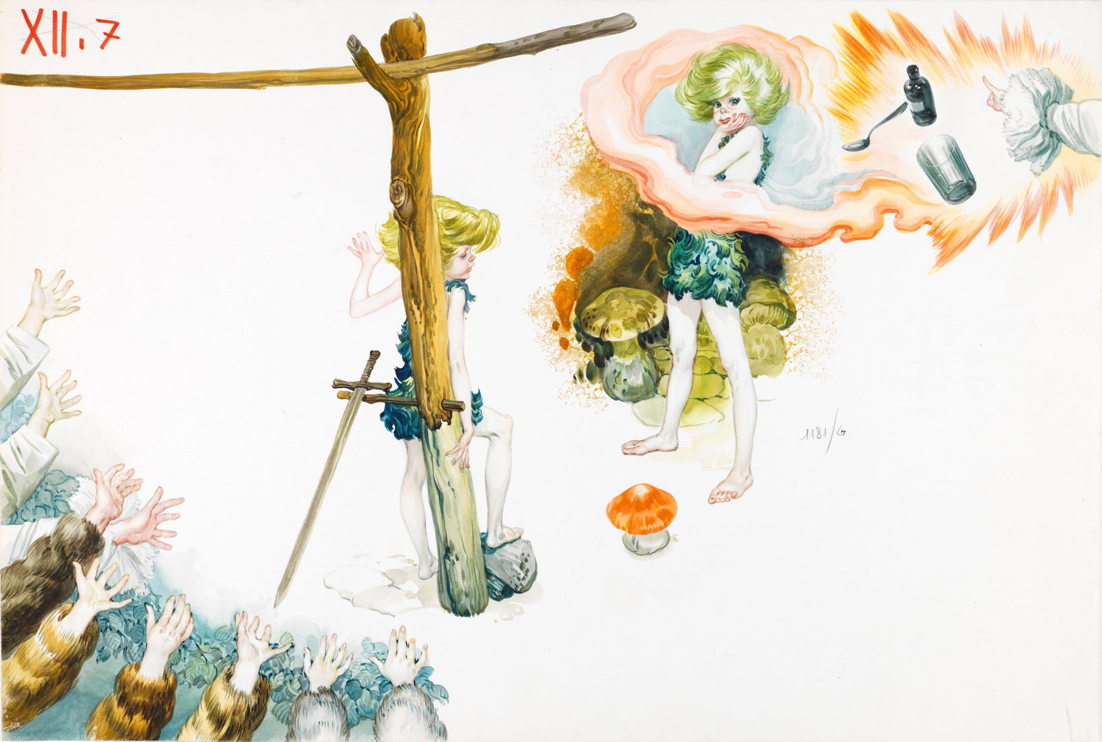 Ferri (Rino Ferrari) - Peter Pan, 1968: tempera on cardboard 54 x 36,5 cm Original illustration made by Ferri for the fairy tale "Peter Pan" published in 1968.
