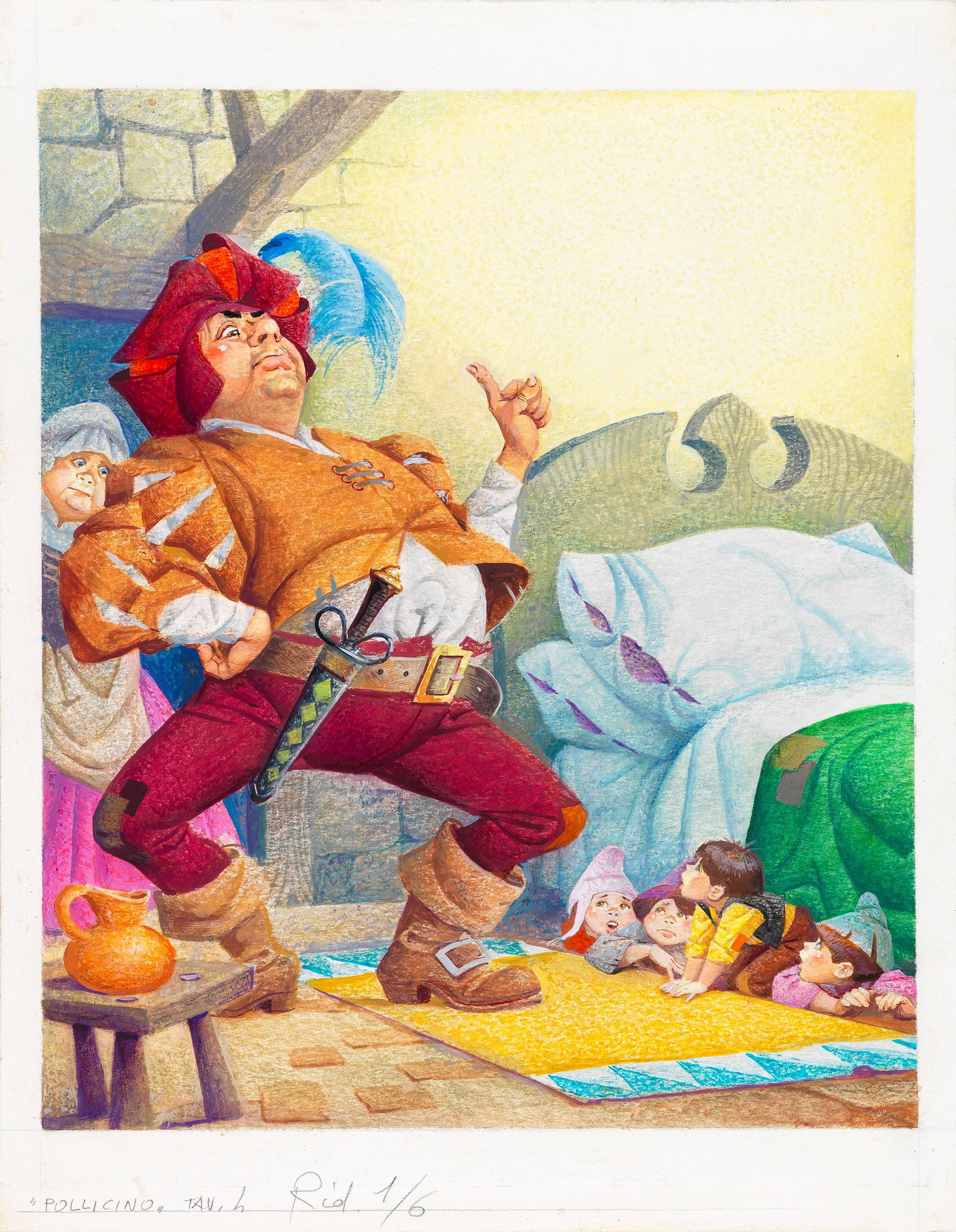 Severino Baraldi - Tom Thumb: pastels and tempera on cardboard 25,5 x 32,5 cm Original illustration made by Baraldi for the fairy tale "Pollicino" published in the 1980s.