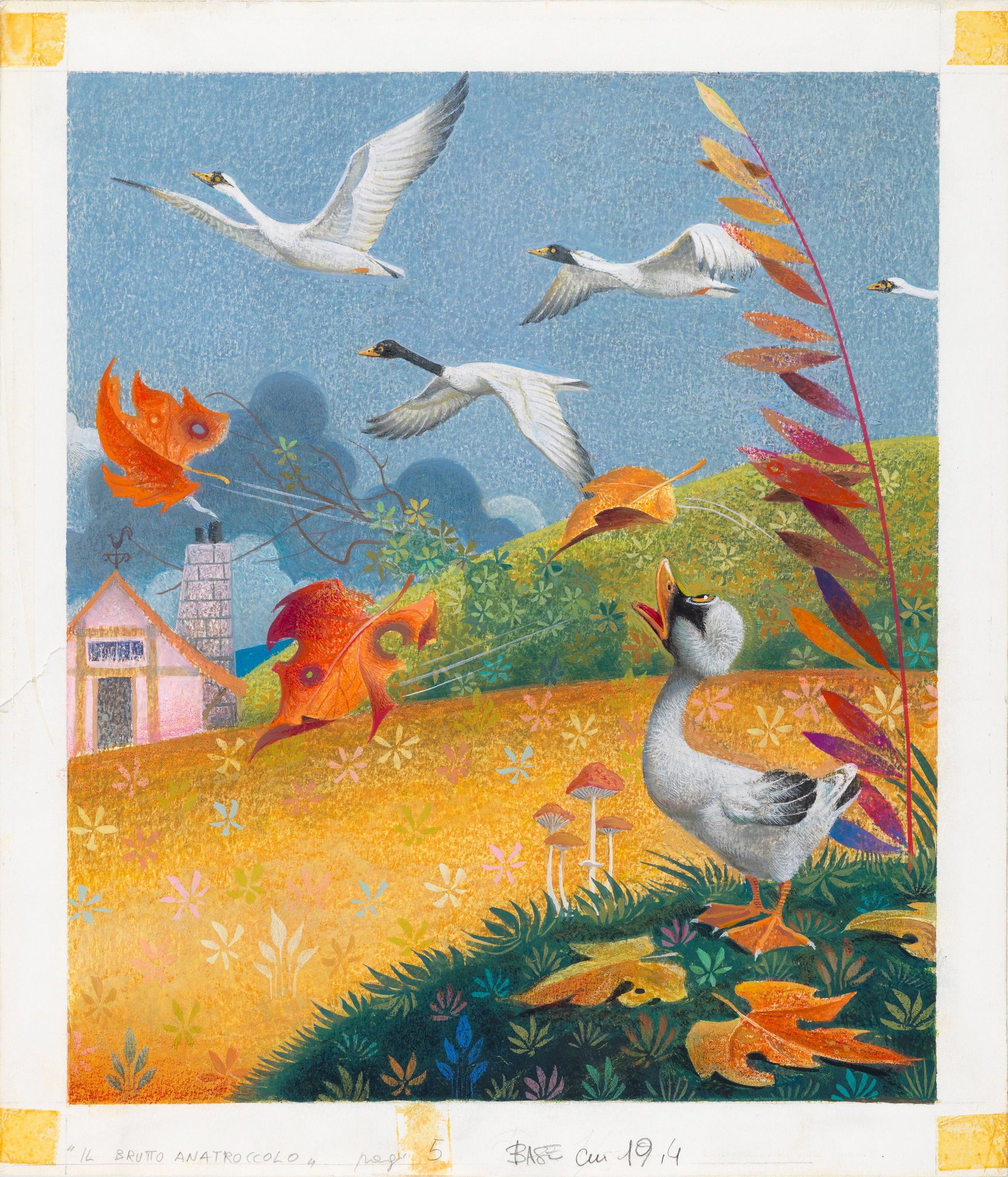 Severino Baraldi - The Ugly Duckling, 1982: pencil, pastels and tempera on thin cardboard 28,5 x 33 cm Original illustration made by da Baraldi for the fairy tale "The Ugly Duckling" published in 1982.
