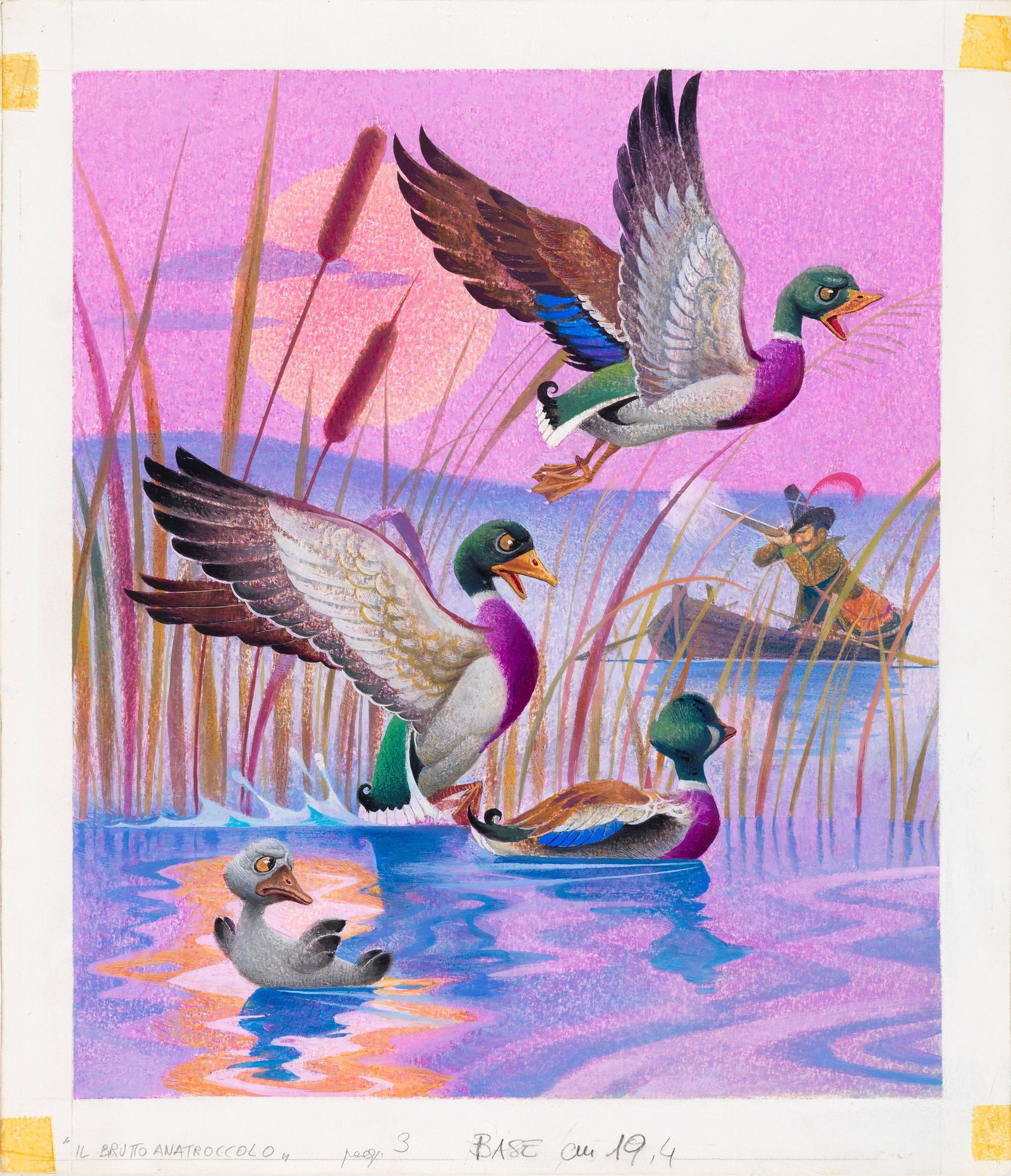 Severino Baraldi - The Ugly Duckling, 1982: pencil, pastels and tempera on thin cardboard 28,5 x 33 cm Original illustration made by da Baraldi for the fairy tale "The Ugly Duckling" published in 1982.