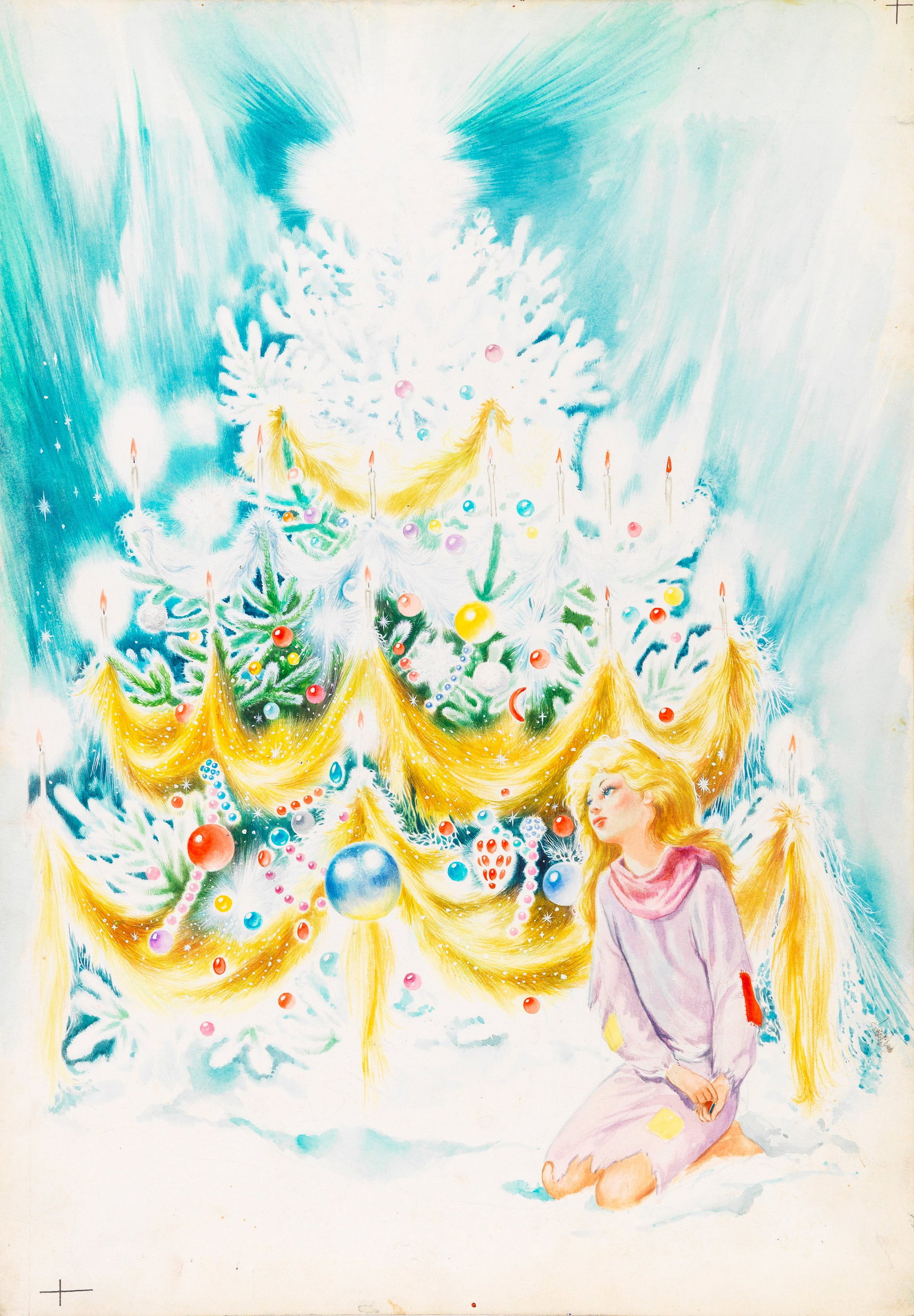 Gianni Benvenuti - The Little Match Girl, 1955: tempera on cardboard 25,5 x 36,5 cm Original cover made by Benvenuti for the fairy tale "The Little Match Girl" published in 1955. Slight creases at the corners.