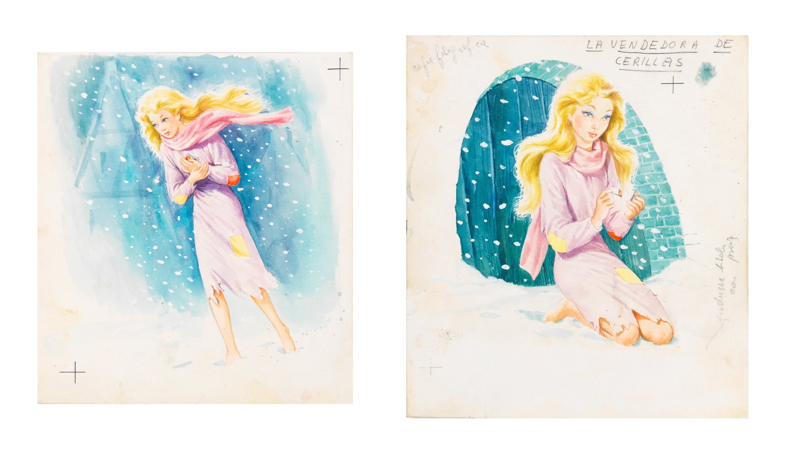 Gianni Benvenuti - The Little Match Girl, 1955: tempera on cardboard a) 14,5 x 16 cm b) 15,5 x 17,5 cm Pair of 2 original illustrations made by Benvenuti for the fairy tale "The Little Match Girl" published in 1955.