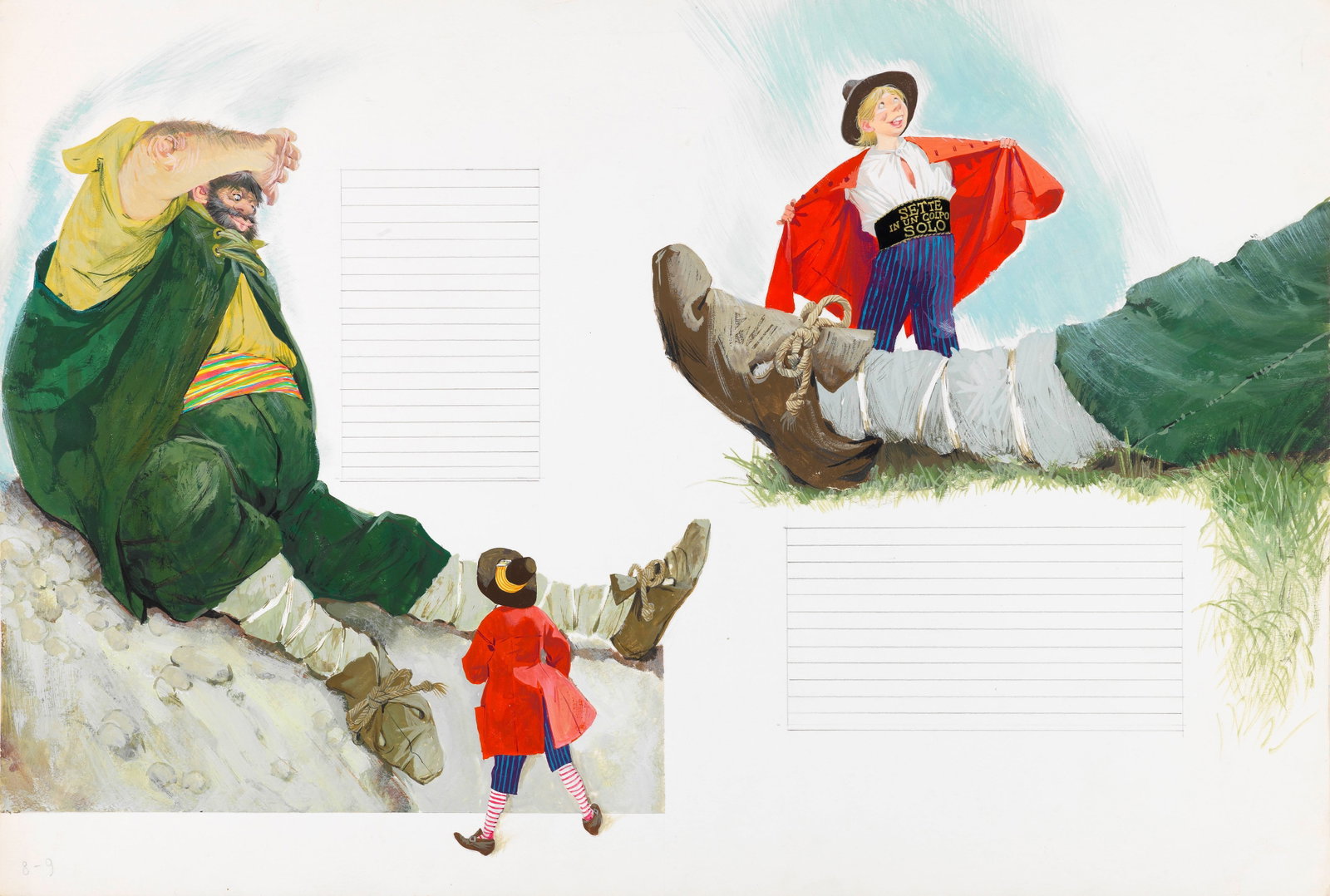 Libico Maraja - Seven at a time, 1966: tempera on cardboard 54 x 36,5 cm Original illustration made by Maraja for the fairy tale "Seven at a Time" published in 1966.