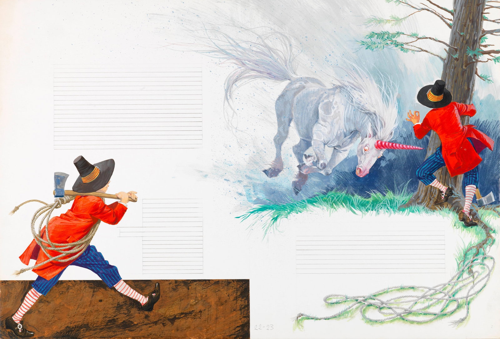 Libico Maraja - Seven at a time, 1966: tempera on cardboard 54 x 36,5 cm Original illustration made by Maraja for the fairy tale "Seven at a Time" published in 1966.
