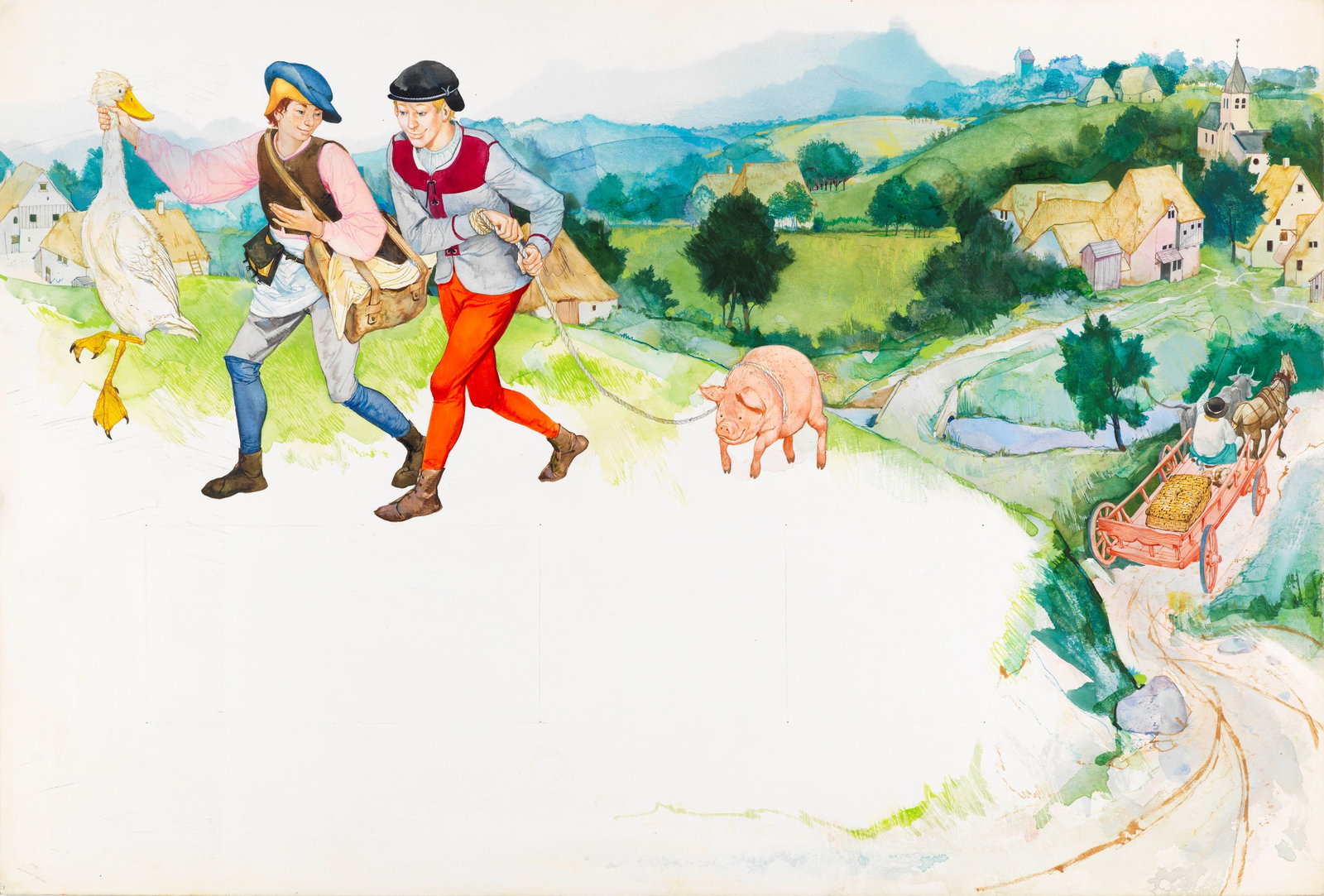 Sergio (Romano Rizzato) - Giannetto Fortunato, 1967: tempera and watercolor on cardboard 54 x 36,5 cm Original illustration made by Sergio for the fairy tale "Giannetto Fortunato" published in 1967.