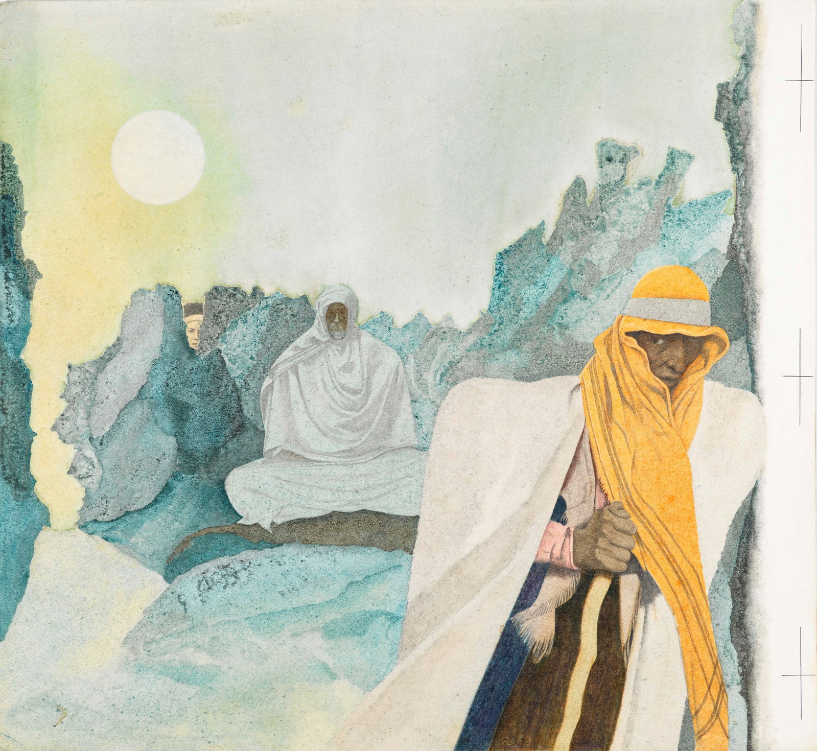 Ugo Fontana - The Blind Sheikh, 1967: pastels, tempera and watercolor on cardboard 40 x 36,5 cm Original illustration made by Fontana for the fairy tale "The Blind Sheik" published in 1967. Slight creases at the corners.
