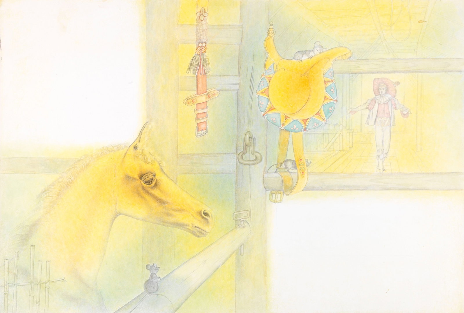 Ugo Fontana - The Golden Bird, 1966: pencil, pastels and tempera on cardboard 54 x 36,5 cm Original illustration made by Fontana for the fairy tale "The Golden Bird" published in 1966. Slight creases at the top corners.