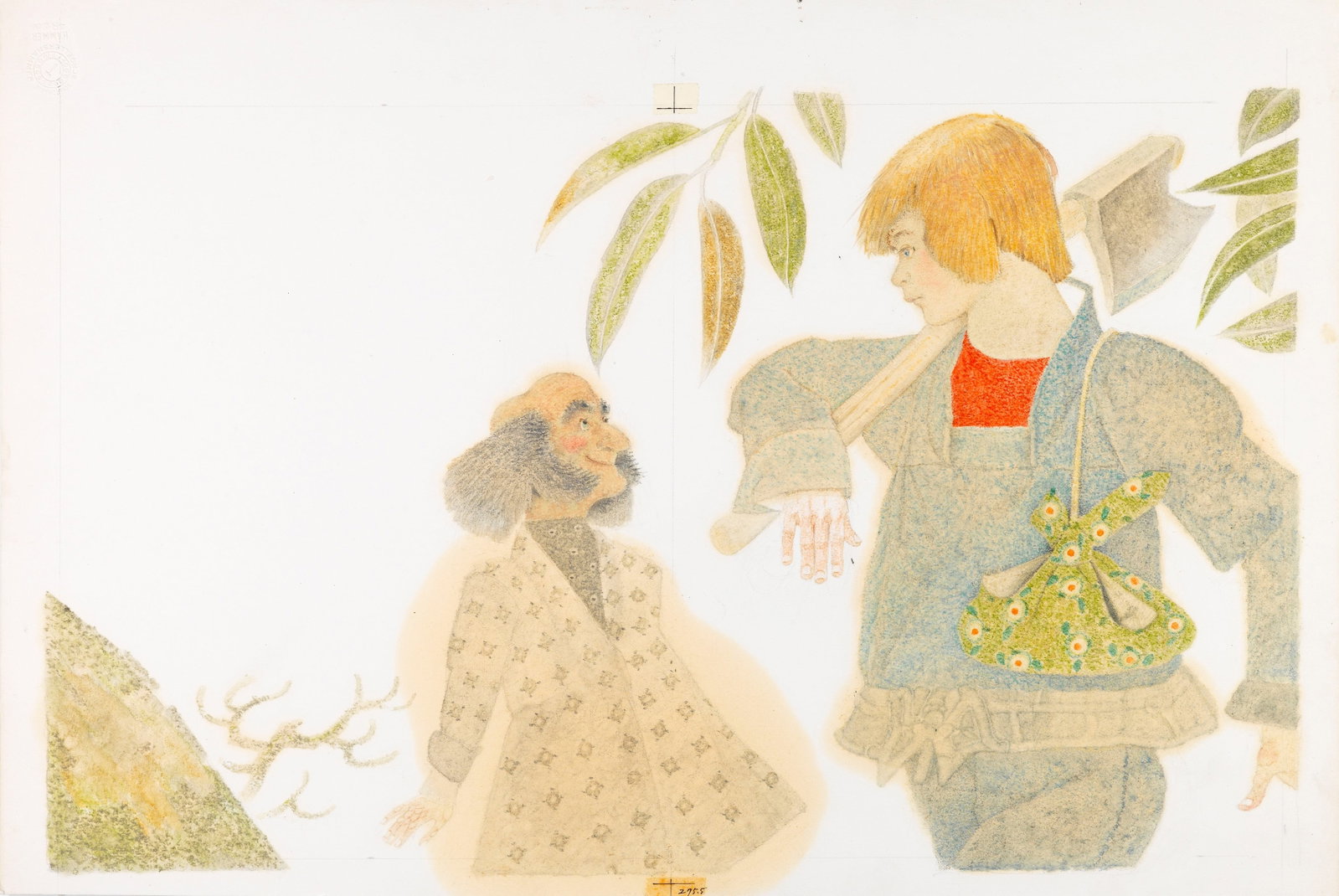 Ugo Fontana - The Golden Goose, 1982: pencil, pastels and tempera on cardboard 51 x 34,5 cm Original illustration made by Fontana for the fairy tale "The Golden Goose" published in 1982.