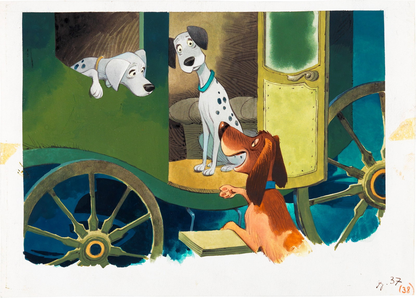 Tony Wolf (Antonio Lupatelli) - One Hundred and One Dalmatians (SoS at Sunset), 1976: tempera on thin cardboard 23 x 16 cm Original illustration made by Lupatelli for the volume "SoS al tramonto" published in 1976.