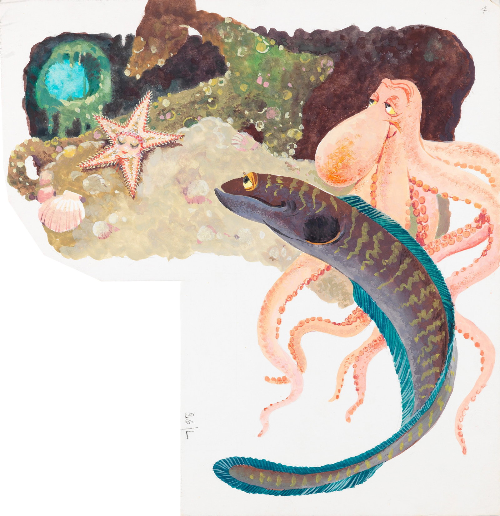 Libico Maraja - Ondina, starfish, 1966: tempera on shaped cardboard 27 x 28 cm Original illustration made by Maraja for the fairy tale "Ondina, starfish" published in 1966.