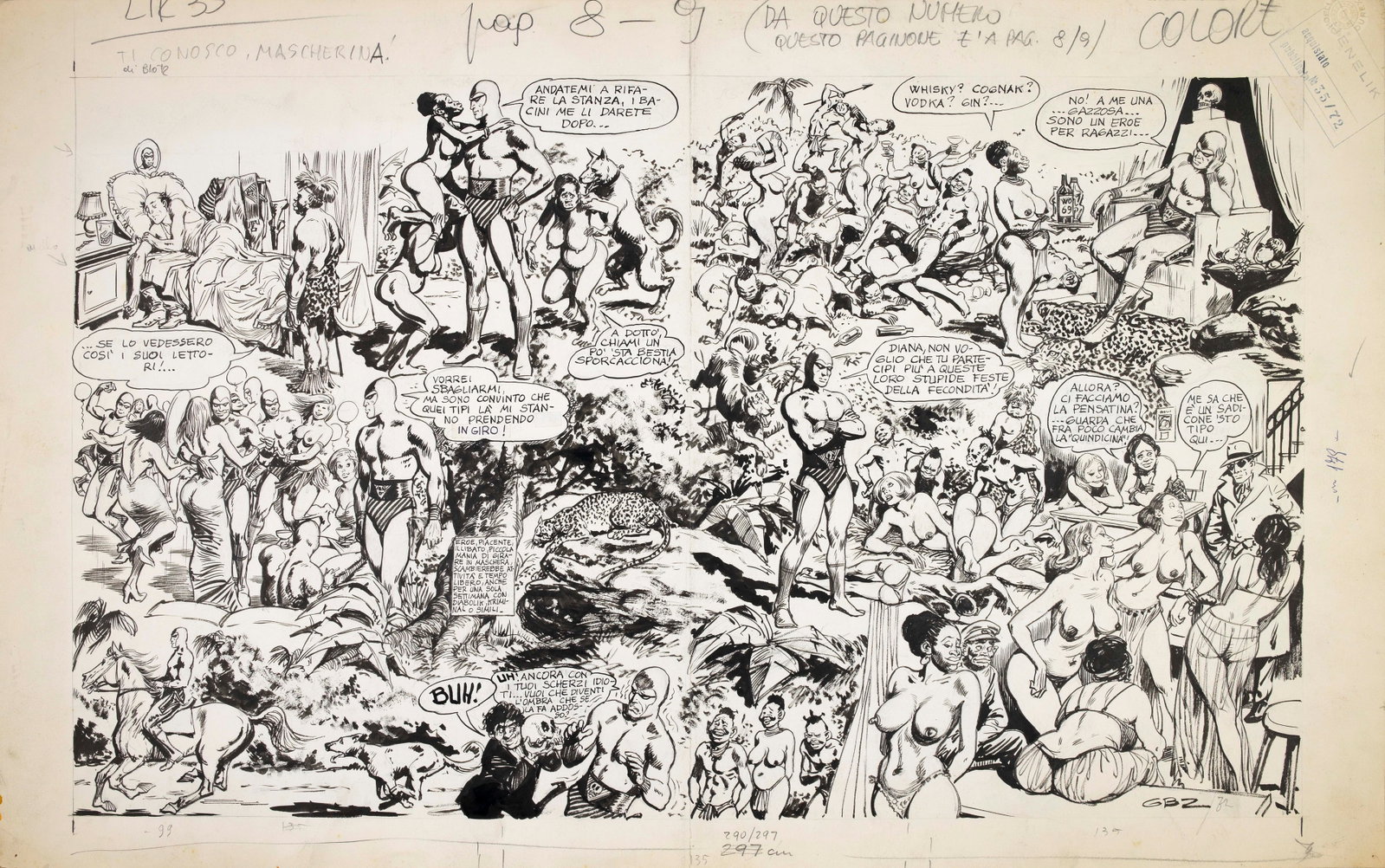 Buzzelli Guido - "L'Uomo Mascherato - Ti conosco, mascherina!", 1972: Buzzelli Guido - "L'Uomo Mascherato - Ti conosco, mascherina!", 1972 ITA matita e china su cartoncino, 67,5 x 42 cm Tavola originale realizzata da Buzzelli per il paginone centrale di Menelik n. 35 de