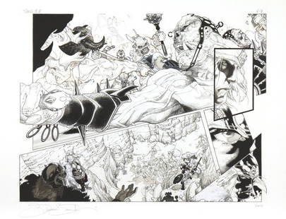 Bianchi Simone: Thor For Asgard, 2010Una delle rare doppie pagine (pag. 6-7) del volume 5 della fortunata serie Thor For Asgard, con un intenso piano sequenza del volto del dio nordico.Firmata e datata al margine