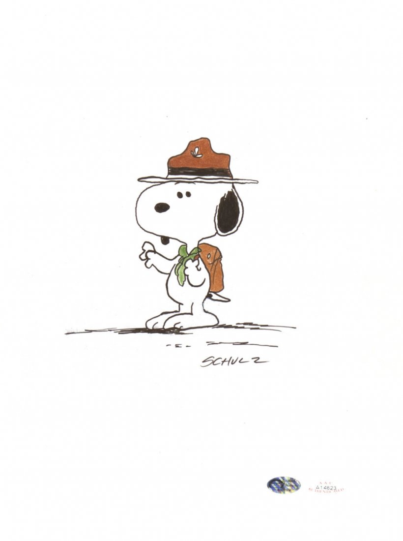 Schulz Charles: Snoopy Scout, anni ‘80 Pin-Up eseguita da Schulz alla fine degli anni ’80 durante un raduno scout e successivamente utilizzata come logo per un sito internet. L’opera è corredata dal certificat