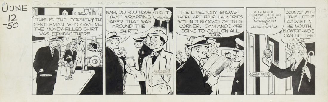 Gould Chester: Dick Tracy - A Heady Statement, 1950Striscia giornaliera per A Heady Statement, edita per Dick Tracy dal Chicago Tribune il 12/6/1950.In questa striscia è chiaro il richiamo all’epoca d’oro dei g