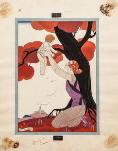 Barbier George: L'infante, 1921 Illustrazione originale realizzata da Barbier nel 1921, all'apice della sua carriera artistica. Opera da collezione. Firmata e datata in cartiglio. Ink and tempera on thin