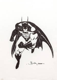 Bisley Simon: Batman , 2000 Pin Up originale eseguita da Bisley per il famoso supereroe della DC Comics: Batman. Firmata e datata. Pencil and marker on thin cardboard. Original Pin Up drawn by Bisley for Batman.