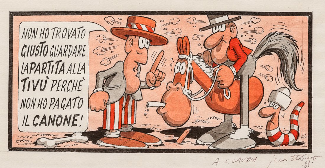 Jacovitti Benito: Canone Tv, 1981 Illustrazione originale realizzata da Jacovitti per una campagna di sensibilizzazione al pagamento del canone RAI. Firmata, dedicata e datata. In cornice. Ink and watercolour on thin c