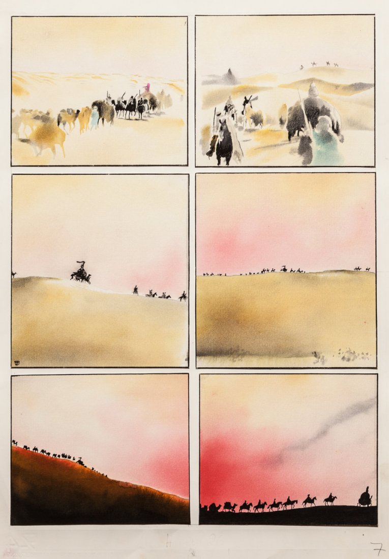 Jori Marcello: Deserto africano Tavola originale con vignette montate su cartoncino Fabriano. Firmata con monogramma. Mixed media on cardboard. Original comic art, cartoons mounted on cardboard. Signed with monogram