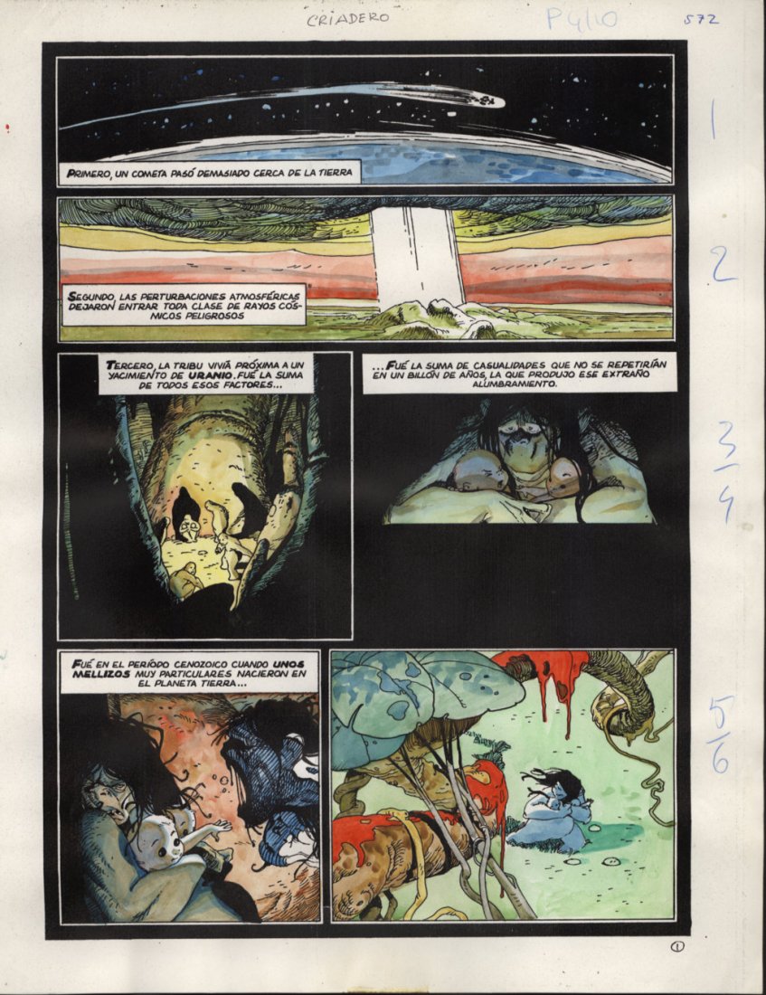 Meglia Carlos: Evoluzione, 1987 Storia completa di otto tavole realizzata in collaborazione con Horacio Domingues ai testi. Firmata nell'ultima tavola e datata. Mixed media on cardboard. Signed and dated.