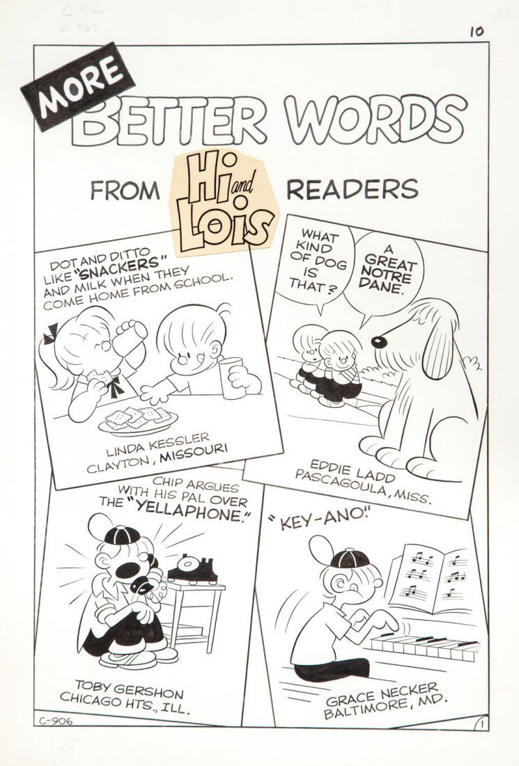 Browne Dik: Hi and Lois - More better words, 1969 Storia breve di due pagine per la serie Hi and Lois. Al retro timbro editoriale. Pencil and ink on cardboard. Short story, two pages, for “Hi and Lois”. Edito