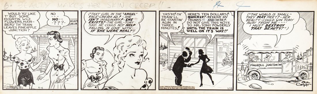 Capp Al: Li'l Abner - Beauty makes her skin creep!!, 1940 Striscia giornaliera del 04/06/1940 per Li'l Abner titolata "Beauty makes her skin creep!!". Firmata. Pencil and ink on cardboard. Comic strip dated on
