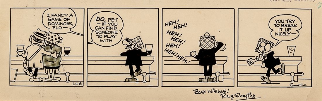 Smythe Reg: Andy Capp, 1977 Striscia giornaliera pubblicata il 24-02-1977 per Andy Capp, realizzata da Smythe per le pagine del The Daily Mirror. Uno dei personaggi delle comic strip inglesi tra i più celebri, A
