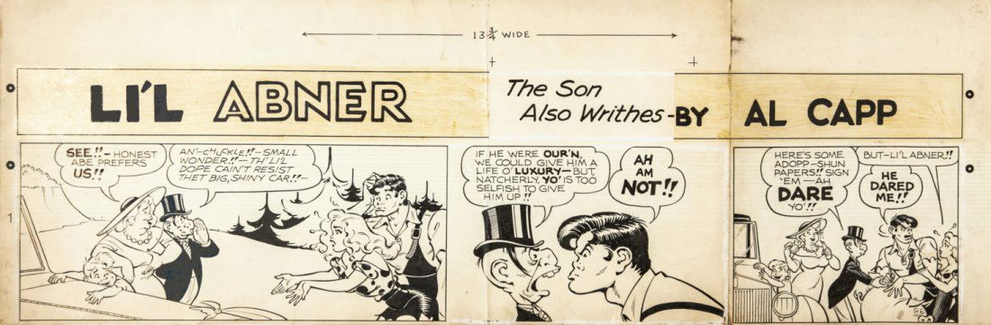 Al Capp & Frazetta Frank - "Li'l Abner", 1959: Li'l Abner, 1959 ITAmatita e china su cartoncino, 74 x 25,5 cm Tavola domenicale (solo il primo pannello) del 26/07/1959 per "Li'l Abner", titolata "The son also writhes". Dal 1952 al 1961 Frazetta c