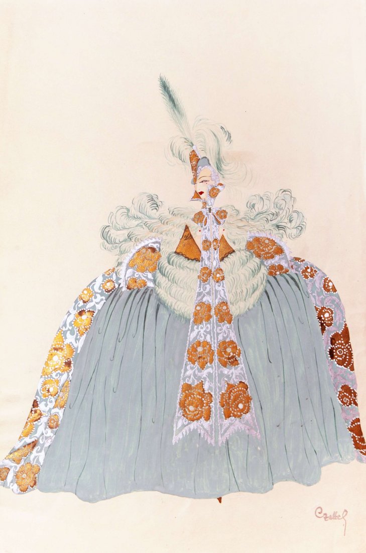 Czettel Ladislas - "Donna in costume", anni '20: Donna in costume, anni '20 ITA tecnica mista su cartoncino, 30 x 45 cm Figurino teatrale realizzato da Czettel. Pubblicato su "Non solo Erté" di A. Luerti a pag. 89. ________________________________