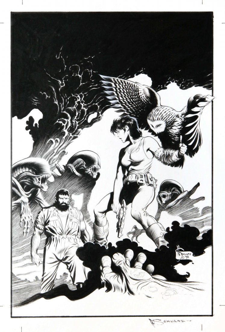 Schulz Mark - "Aliens Apocalypse - The Destroying: Aliens Apocalypse - The Destroying Angels, 1998 ITA matita e china su cartoncino, 28,5 x 41,5 cm Originale di copertina per il secondo volume della miniserie "Aliens Apocalypse - The Destroying Angels