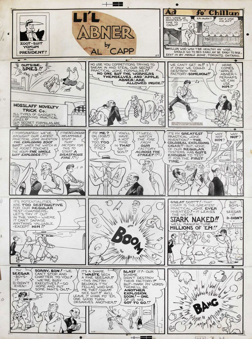 Al Capp - "Li'l Abner", 1943: Li'l Abner, 14/03/1943 ITA matita e china su cartoncino, 53,5 x 71 cm Tavola domenicale del 14/03/1943 per "Li'l Abner". Tra le più famose strip umoristico-satiriche del mondo dei fumetti, Lil Abner